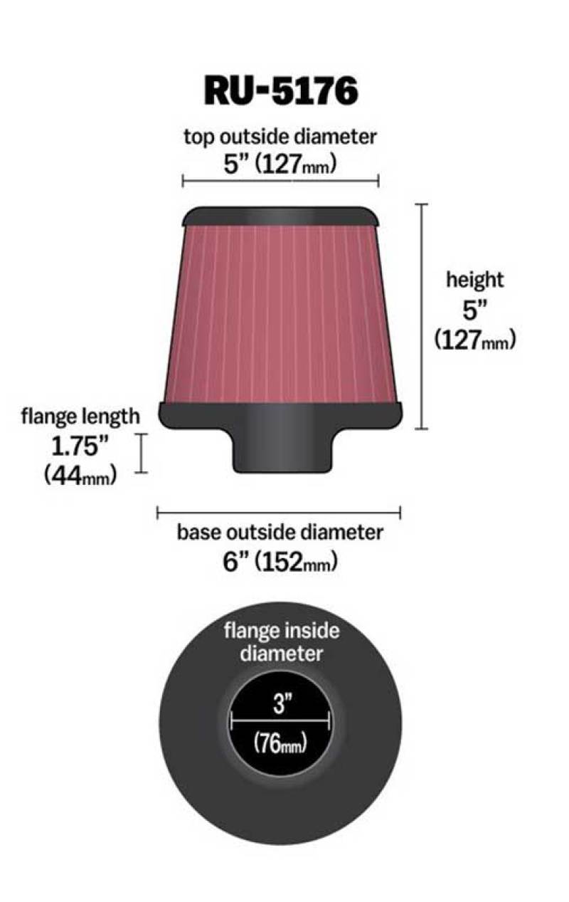 K&N Universal Rubber Filter-Round Tapered 3in Flange ID x 6in Base OD x 6in Top OD x 5in H - Blais Performance Parts