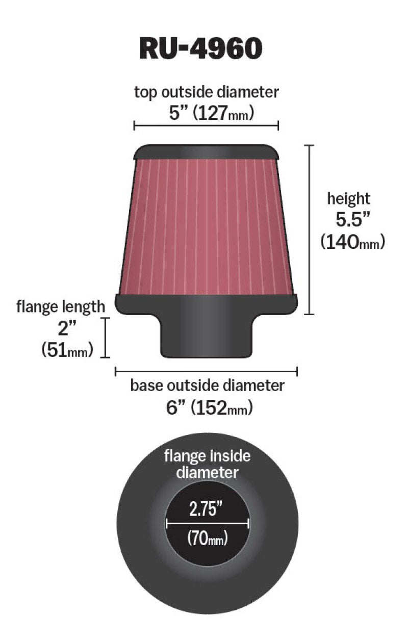 K&N Filter Universal Rubber Filter 2 3/4 inch Flange 6 inch Base 5 inch Top 5 1/2 inch Height - Blais Performance Parts