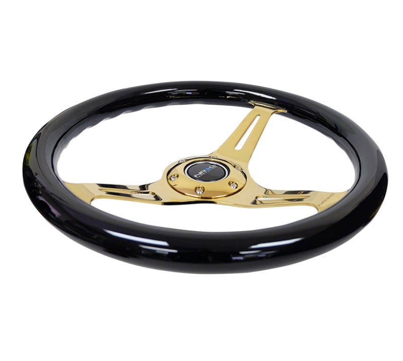 NRG Classic Wood Grain Steering Wheel (350mm) Black Grip w/Chrome Gold 3-Spoke Center - Blais Performance Parts