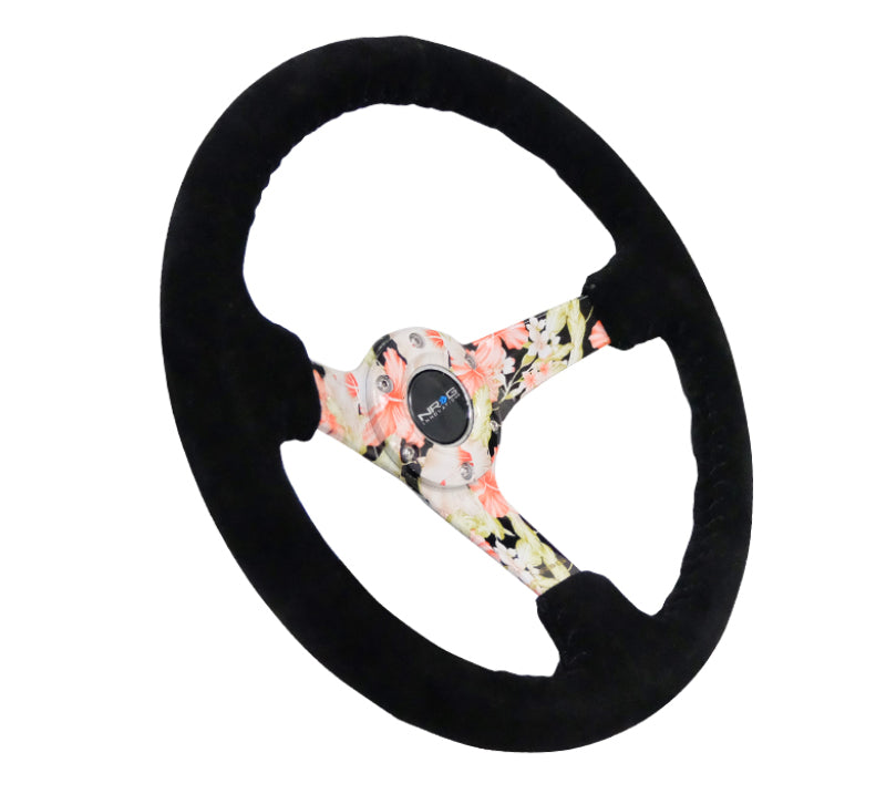 NRG Reinforced Steering Wheel (350mm / 3in. Deep) Blk Suede Floral Dipped w/ Blk Baseball Stitch - Blais Performance Parts