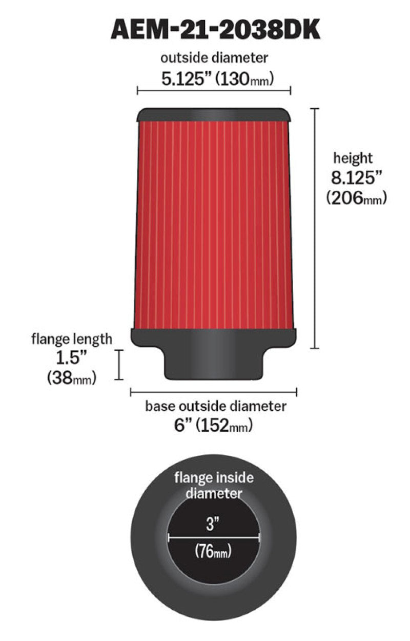 AEM 3 inch Short Neck 8 inch Element Filter Replacement - Blais Performance Parts