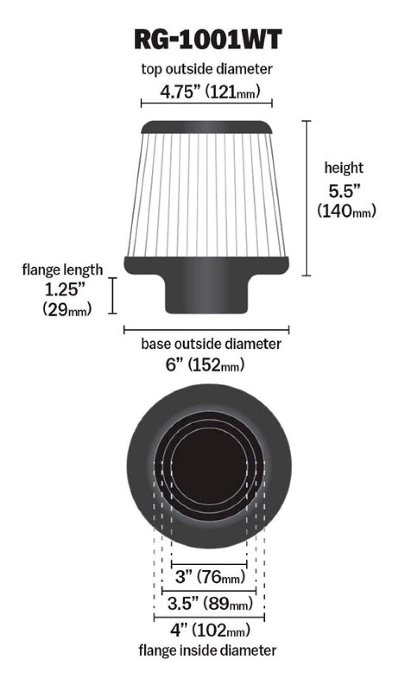 K&N Universal Filter Chrome Round Tapered White - 4in Flange ID x 1.125in Flange Length x 5.5in H - Blais Performance Parts