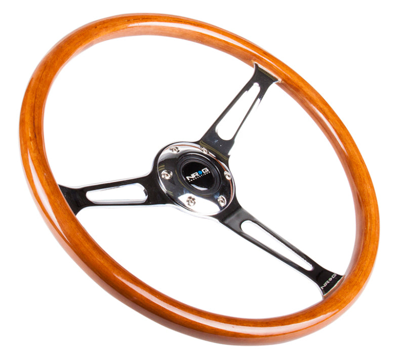 NRG Reinforced Steering Wheel (360mm) Classic Wood Grain w/Chrome Cutout 3-Spoke Center - Blais Performance Parts