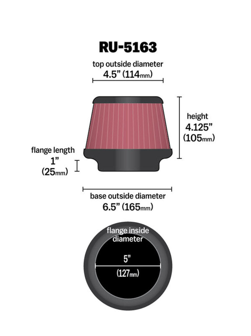 K&N Universal Rubber Filter 5in Flange ID x 6.5in Base OD x 4.5in Top OD x 4.125in Height - Blais Performance Parts