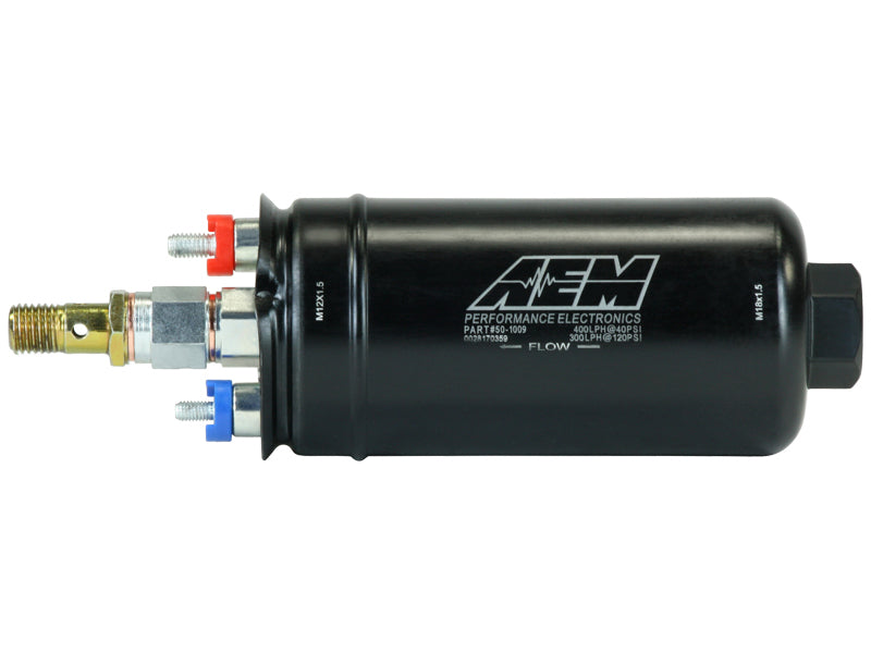 AEM 400LPH High Pressure Inline Fuel Pump - M18x1.5 Female Inlet to M12x1.5 Male Outlet - Blais Performance Parts