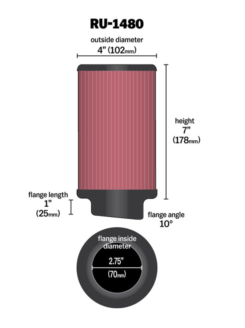 K&N Filter Universal Rubber Filter 10 Degree Flange Angle 4in OD x 2.75in Flange ID x 7in H - Blais Performance Parts