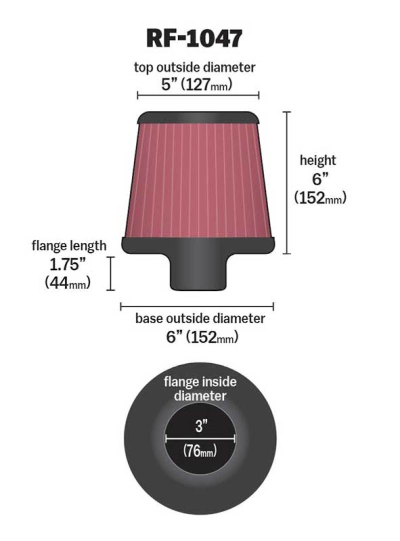 K&N Round Tapered Universal Air Filter 3 inch Flange 6 inch Base 5 inch Top 6 inch Height - Blais Performance Parts