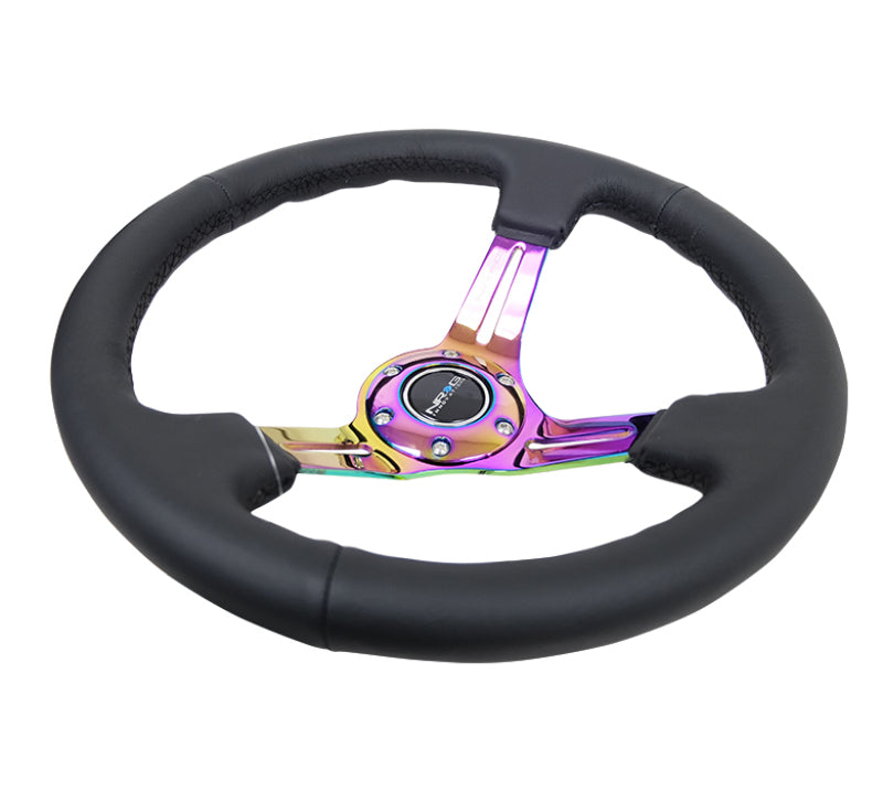 NRG Reinforced Steering Wheel (350mm / 3in. Deep) Blk Leather/Blk Stitch w/Neochrome Slits - Blais Performance Parts