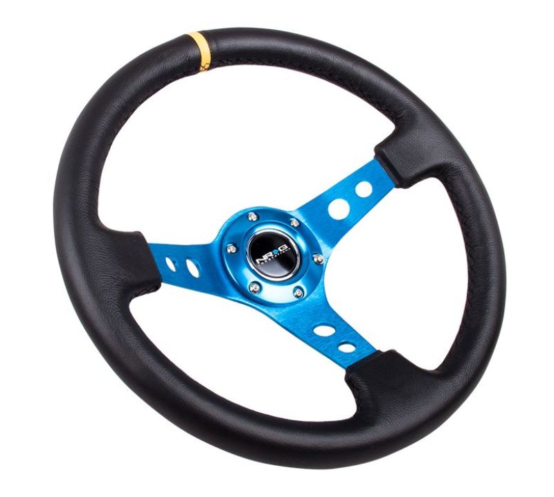 NRG Reinforced Steering Wheel (350mm / 3in. Deep) Blk Leather w/Blue Circle Cutout Spokes - Blais Performance Parts