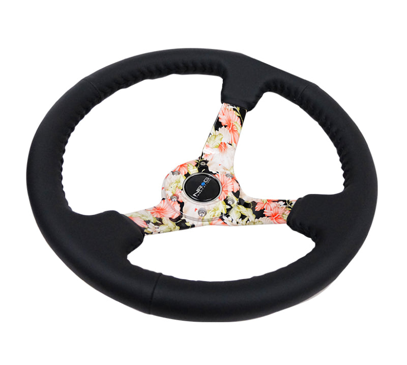 NRG Reinforced Steering Wheel (350mm / 3in. Deep) Blk Leather Floral Dipped w/ Blk Baseball Stitch - Blais Performance Parts