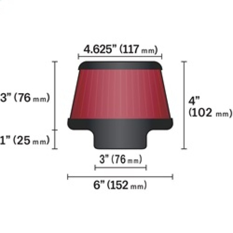 K&N Universal Round Clamp-On Air Filter 3in Flange ID x 6in Base OD x 4.625in Top OD x 3in Height - Blais Performance Parts