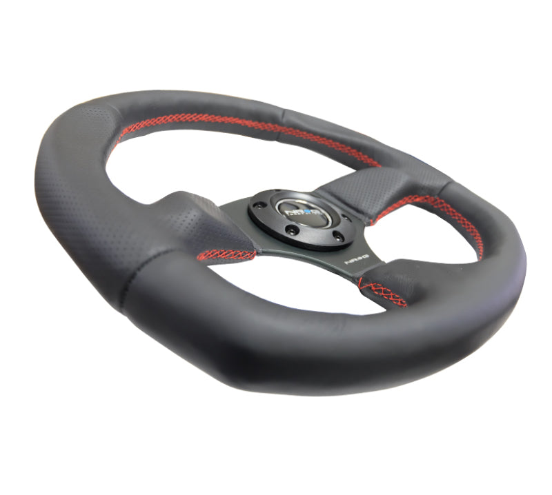 NRG Reinforced Steering Wheel (320mm Horizontal / 330mm Vertical) Leather w/Red Stitching - Blais Performance Parts