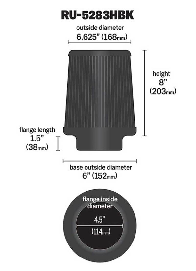 K&N Universal Rubber Filter-Round Tapered 4.5in Flange ID x 8in Base OD x 6.625in Top OD x 8in H - Blais Performance Parts