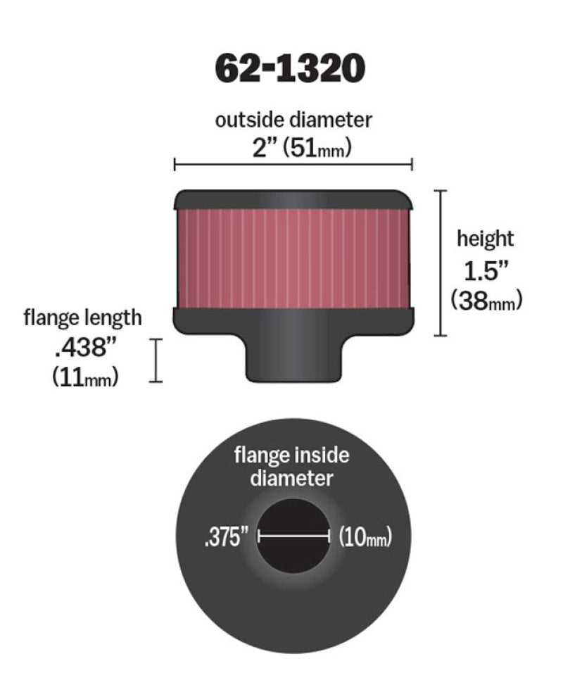 K&N Clamp On Rubber Base Crankcase Vent Filter 0.375in Flange ID x 2in OD x 1.5in Height - Blais Performance Parts