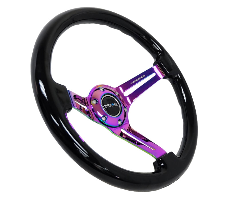 NRG Reinforced Steering Wheel (350mm / 3in. Deep) Blk Wood w/Blk Matte Spoke/Neochrome Center Mark - Blais Performance Parts