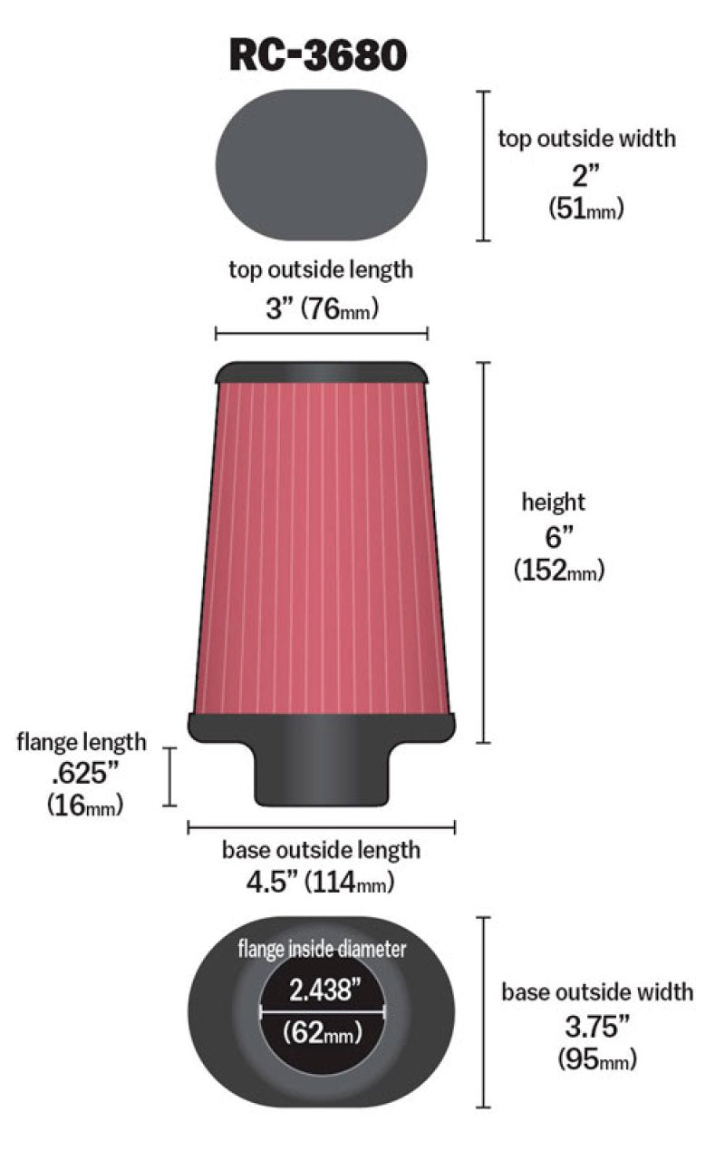 K&N Universal Clamp-On Air Filter 2-7/16in Flange 4-1/2x3-3/4in Base 3x2in Top 6in Height - Blais Performance Parts