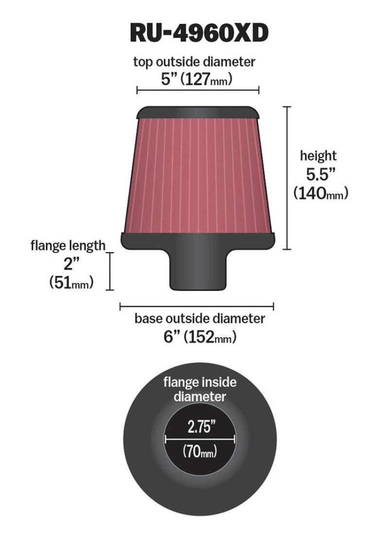 K&N Filter Universal Clamp-On Filter-Round Tapered 2.75in Flange ID x 6in Base OD x 5in Top OD - Blais Performance Parts