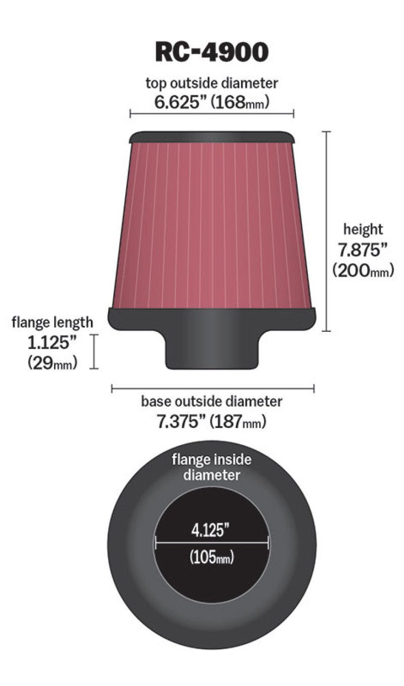 K&N Universal Air Filter Round Tapered 7.375in Base OD / 6.625in Top OD / 7.875in Height - Blais Performance Parts