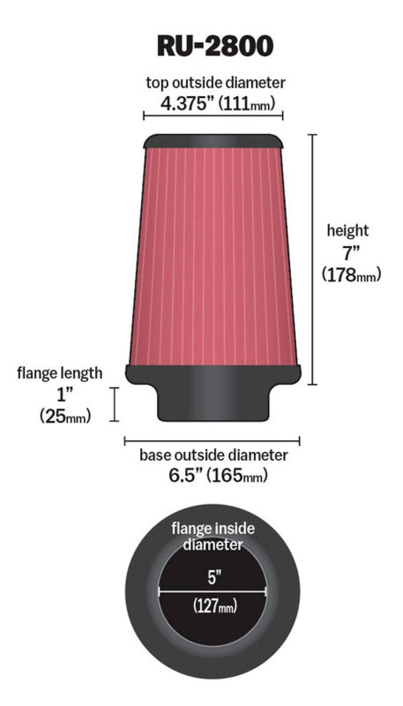 K&N Filter Universal Rubber Filter 5 inch Flange 6 1/2 inch Base 4 3/8 inch Top 7 inch Height - Blais Performance Parts