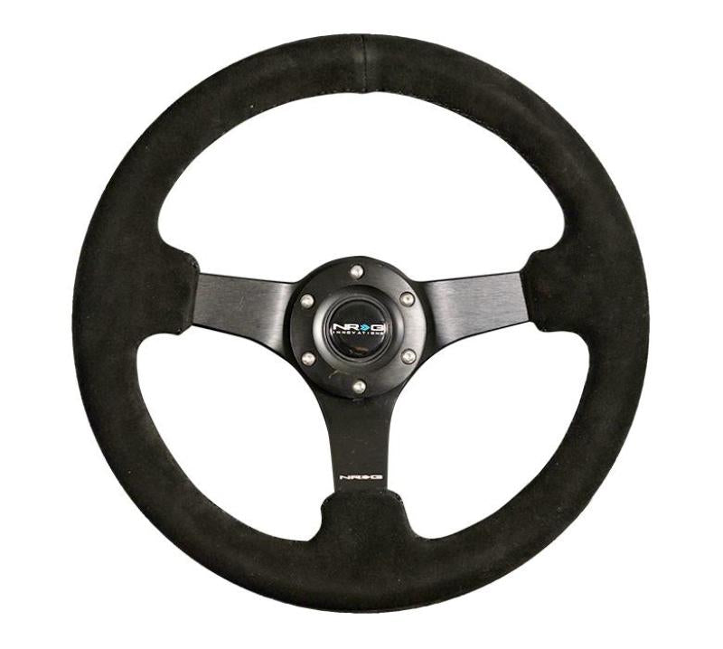 NRG Reinforced Steering Wheel (330mm / 3in Deep) Blk Suede w/Criss Cross Stitch w/Blk 3-Spoke Center - Blais Performance Parts