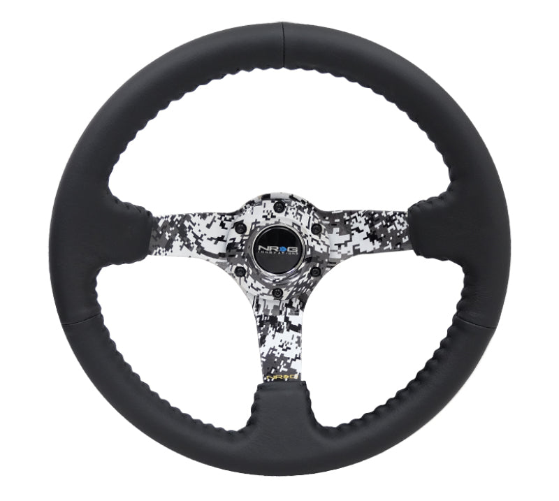 NRG Reinforced Steering Wheel (350mm / 3in. Deep) Blk Leather w/Hydrodipped Digi-Camo Spokes - Blais Performance Parts