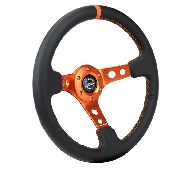 NRG Reinforce Steering Wheel (350mm / 3in. Deep) Blk Leather, Orange Center Mark w/ Orange Stitching - Blais Performance Parts