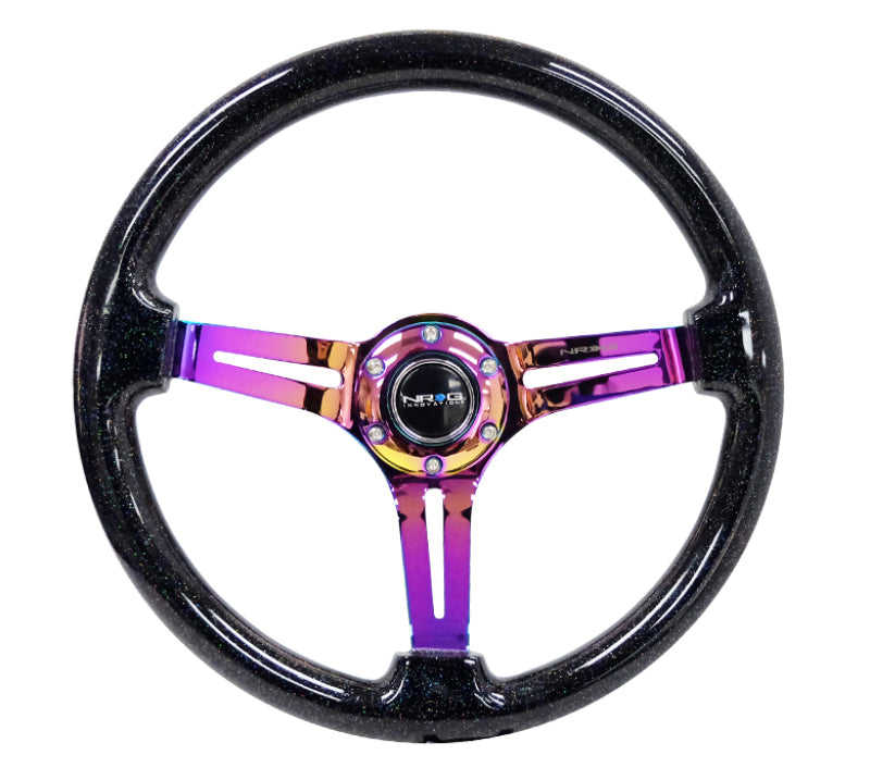 NRG Reinforced Steering Wheel (350mm / 3in. Deep) Blk Multi Color Flake w/ Neochrome Center Mark - Blais Performance Parts