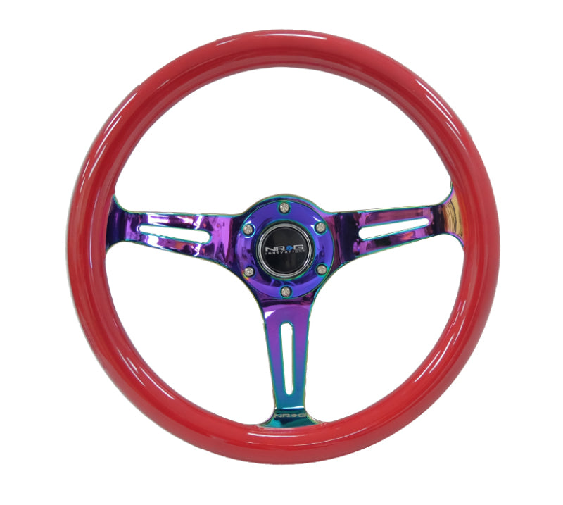 NRG Classic Wood Grain Steering Wheel (350mm) Red Grip w/Neochrome 3-Spoke Center - Blais Performance Parts