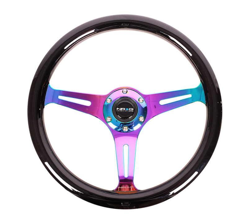 NRG Classic Wood Grain Steering Wheel (350mm) Black Paint Grip w/Neochrome 3-Spoke Center - Blais Performance Parts