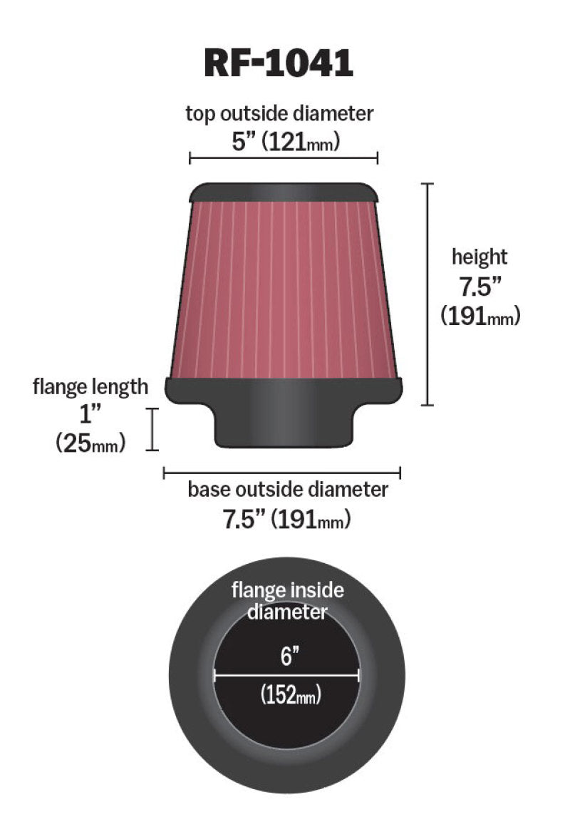 K&N Round Tapered Universal Air Filter 6 inch Flange 7 1/2 inch Base 5 inch Top 7 1/2 inch Height - Blais Performance Parts