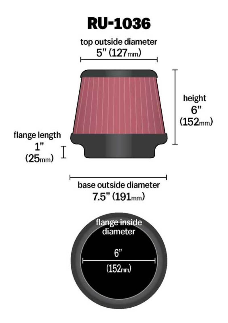 K&N Universal Clamp-On Air Filter 6in FLG / 7-1/2in B / 5in T / 6in H - Blais Performance Parts