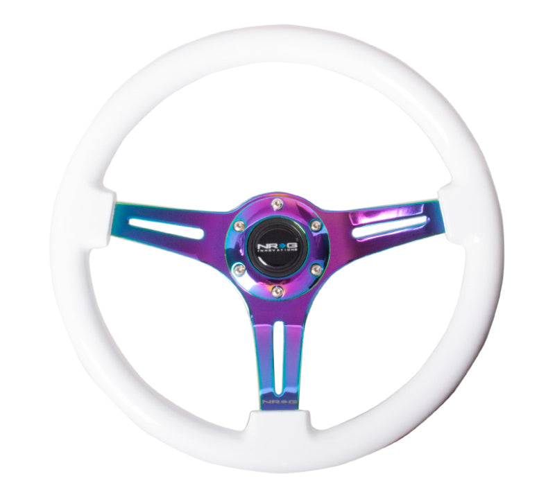 NRG Classic Wood Grain Steering Wheel (350mm) White Paint Grip w/Neochrome 3-Spoke Center - Blais Performance Parts