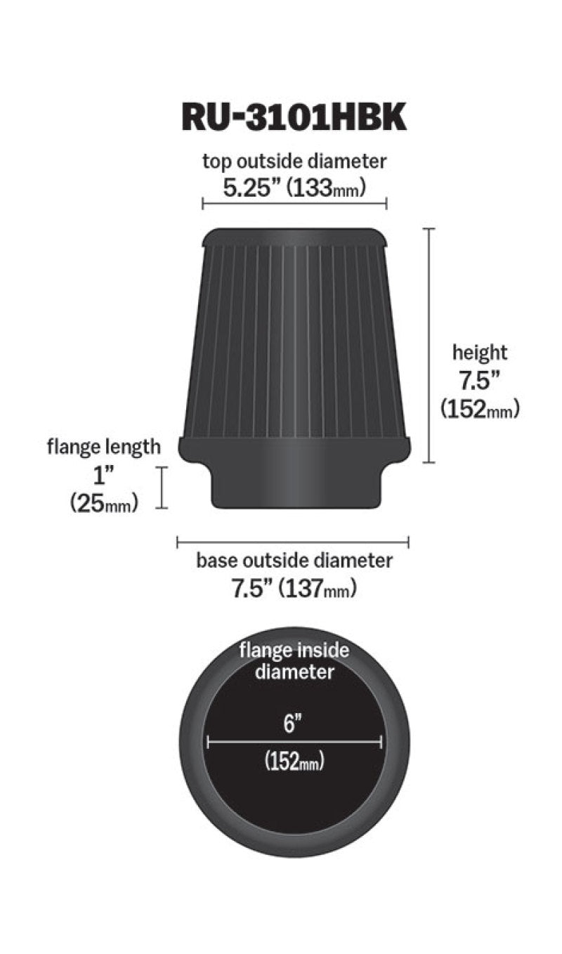 K&N Universal Rubber Filter Round Tapered 6in Flange ID x 7.5in Base OD x 5.25in Top OD x 8in Height - Blais Performance Parts