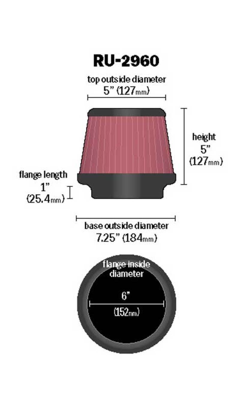 K&N Universal Tapered Filter 6in Flange ID x 7.5in Base OD x 5in Top OD x 5in Height - Blais Performance Parts