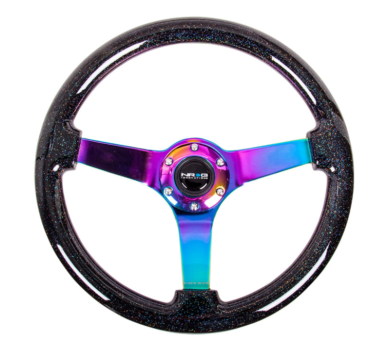 NRG Reinforced Steering Wheel (350mm / 3in. Deep) Classic Blk Sparkle w/4mm Neochrome 3-Spoke Center - Blais Performance Parts