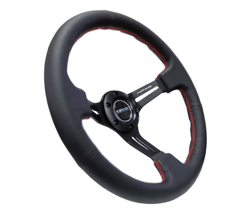 NRG Reinforced Steering Wheel (350mm / 3in. Deep) Black Leather/Red Stitch & Blk 3-Spoke w/Slits - Blais Performance Parts