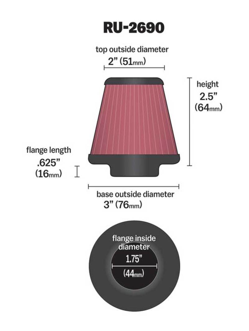 K&N Filter Universal Rubber Filter 1 3/4 inch Flange 3 inch Base 2 inch Top 2.5 inch Height - Blais Performance Parts