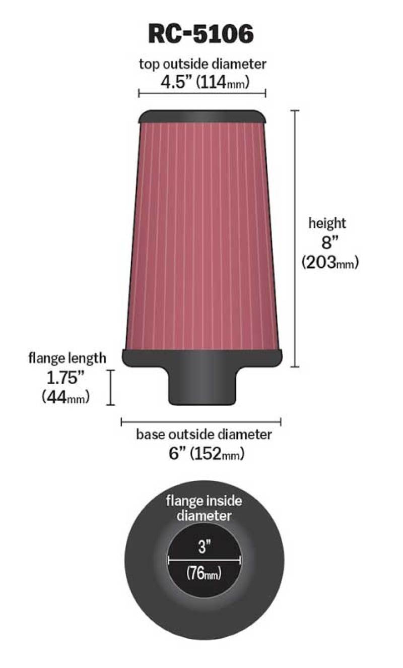 K&N Universal ChromeRound Tapered Air Filter 3in Flange ID / 6in Base OD / 4.5in Top OD / 8in Height - Blais Performance Parts