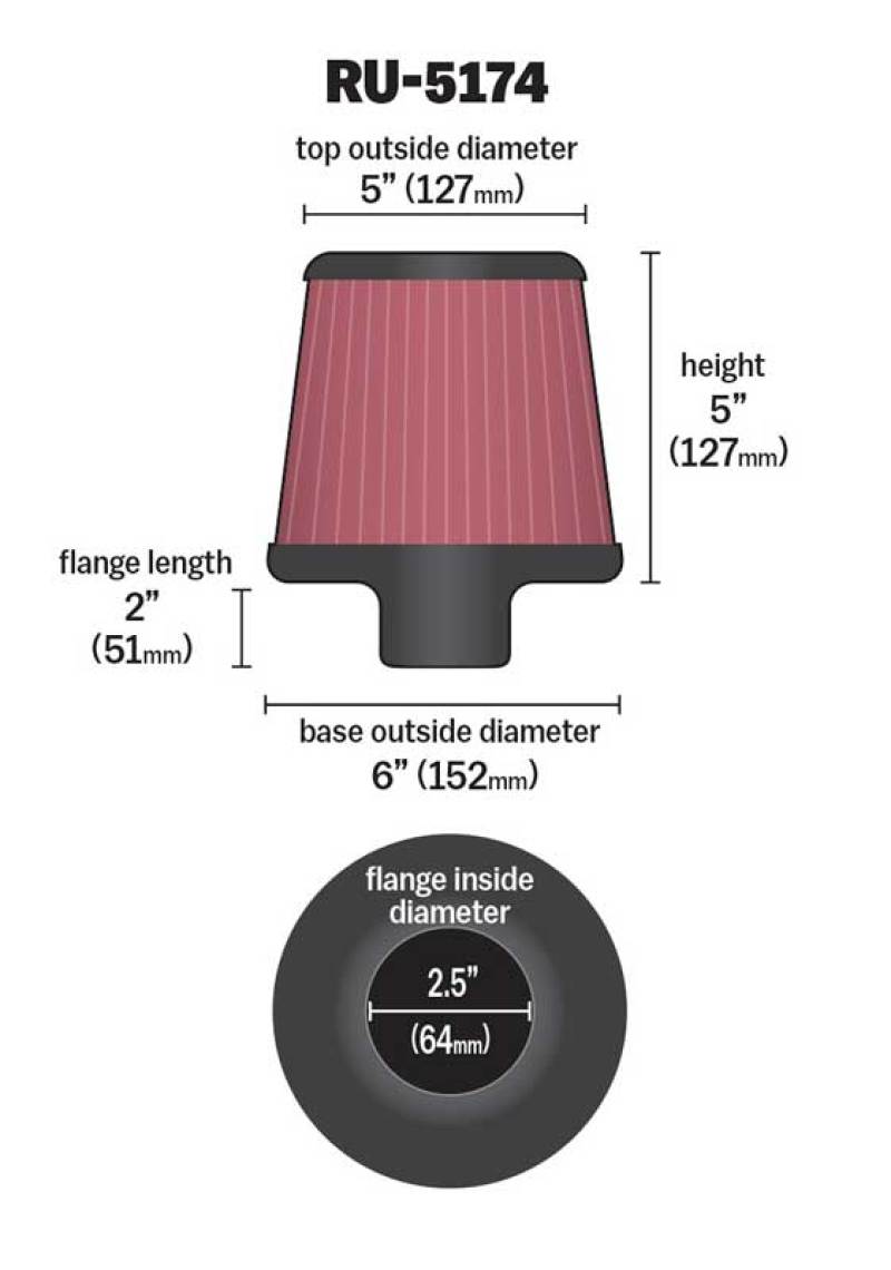 K&N Universal Rubber Filter-Round Tapered 2.5in Flange ID x 6in Base OD x 5in Top OD x 5in Height - Blais Performance Parts