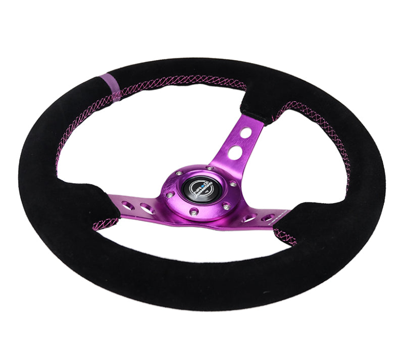 NRG Reinforced Steering Wheel (350mm / 3in. Deep) Black Suede w/Purple Center & Purple Stitching - Blais Performance Parts