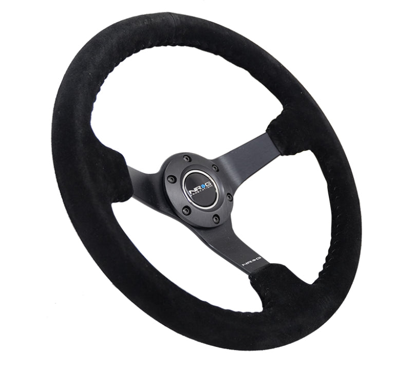 NRG Reinforced Steering Wheel (350mm / 3in. Deep) Blk Suede/Blk Bball Stitch w/5mm Matte Black Spoke - Blais Performance Parts