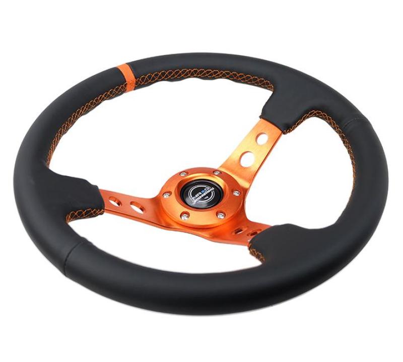 NRG Reinforce Steering Wheel (350mm / 3in. Deep) Blk Leather, Orange Center Mark w/ Orange Stitching - Blais Performance Parts