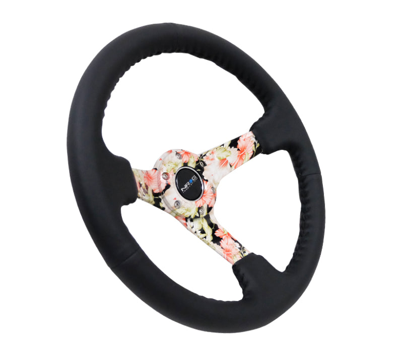 NRG Reinforced Steering Wheel (350mm / 3in. Deep) Blk Leather Floral Dipped w/ Blk Baseball Stitch - Blais Performance Parts