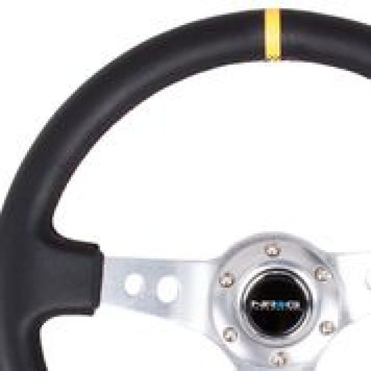 NRG Reinforced Steering Wheel (350mm / 3in. Deep) Blk Leather w/Circle Cut Spokes & Single Yellow CM - Blais Performance Parts