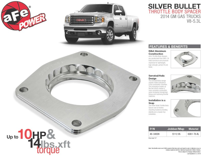 aFe Silver Bullet Throttle Body Spacers TBS 2014 GM Silverado/Sierra 1500 V8 5.3L - Blais Performance Parts