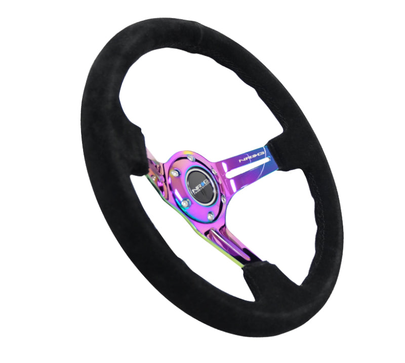 NRG Reinforced Steering Wheel (350mm / 3in. Deep) Blk Suede/Blk Stitch w/Neochrome Slits - Blais Performance Parts