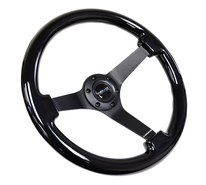 NRG Reinforced Steering Wheel (350mm / 3in. Deep) Black w/Black Chrome Solid 3-Spoke Center - Blais Performance Parts