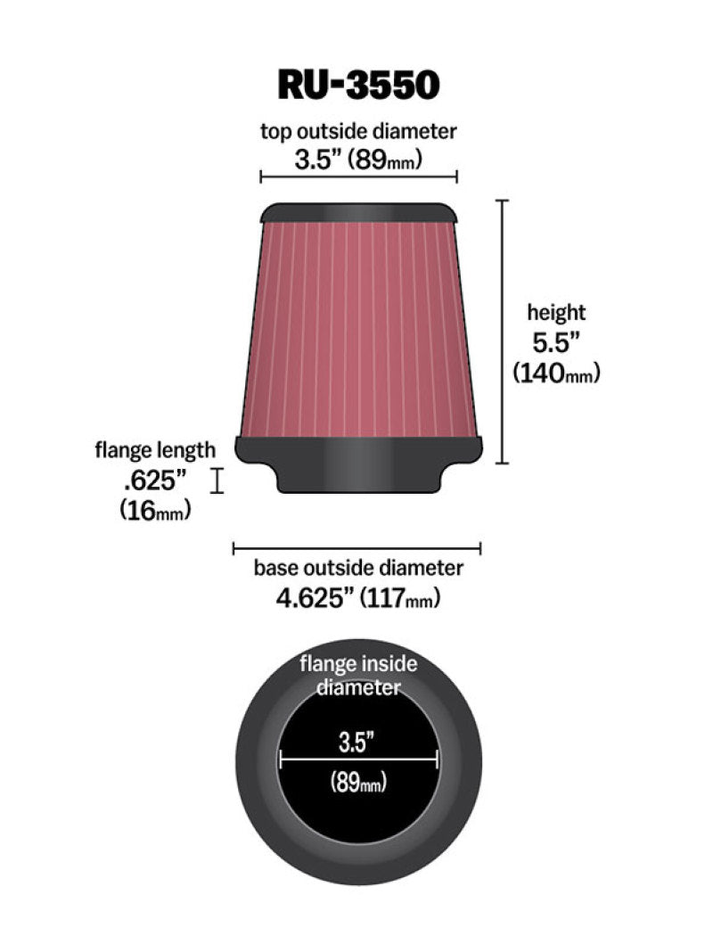 K&N Universal Rubber Filter 3 1/2 inch FLG / 4 5/8 inch Base / 3-1/2 inch Top / 5 1/2 inch Height - Blais Performance Parts