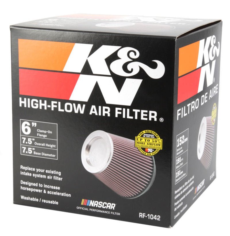 K&N Round Tapered Universal Air Filter 6in Flange ID x 7.5in Base OD x 5in Top OD x 6.5in Height - Blais Performance Parts