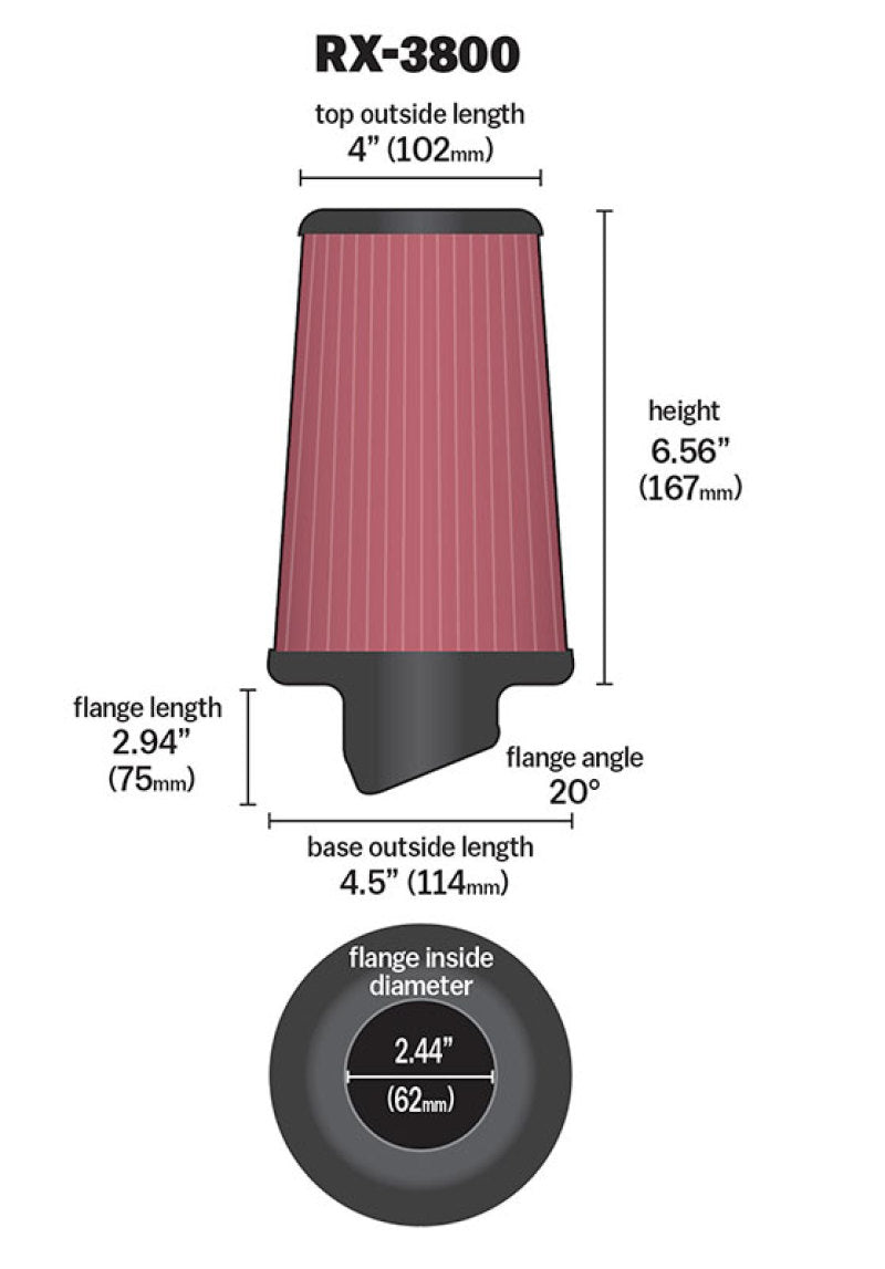 K&N Filter Universal X Stream Clamp-On 2.438in Flange ID x 4.5in Base OD x 4in Top OD x 6.563in H - Blais Performance Parts